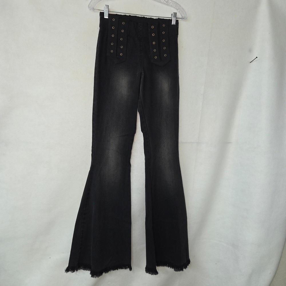 Judith March Black Flared Wide Leg Jeans with Eyelet Detail